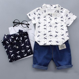 2Pcs Toddler Baby Boy Clothing Sets Kids Infant Summer Crown T-shirt + Denim Pants Shorts Outfits Suit