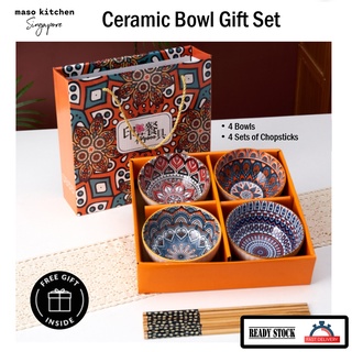 Ceramic Bowl & Chopsticks Gift Set for 4 Pax - Bohemian Style Dining Tableware | Soup Bowl | Perfect for Gifts or Decor