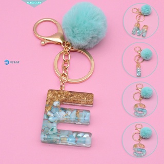 🔸MAGIC🔹 Cute Letter Keychain with Fur Ball Glitter Keyring Alphabet Key Chain Resin Material Creative Couple Gift Jewelry Ornament Bag Pendant