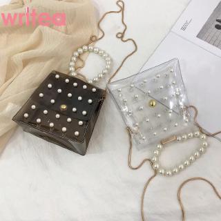 ❇ Ready Stock ❇Women Pearls Clear Shoulder Handbags PVC Crossbody Top-handle Bag (1)
