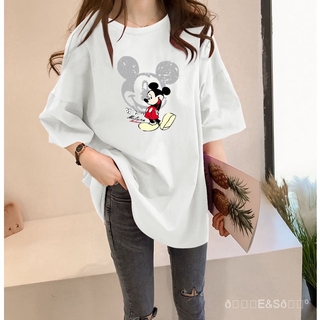 🌈E&S🌺【Plus Size/M-5XL/5Colors】Super Soft Oversized Korean Style Women T-shirt Half Short Sleeves Big Loose Cute Disney Mickey Mouse Printed Tee Summer Maternity T-shirt Round Neck Casual Top