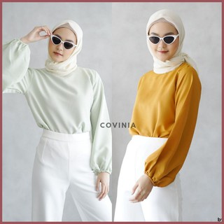 Baloon Sleeve Blouse Hijaber Puff Peach Top Blouse Covinia Long Sleeve Wolly Crepe- CRG201088