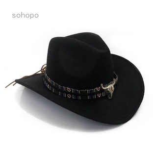 Sohopo Men Women Retro Bull Head Western Cowboy Hat Leather Belt Wide Brim Cap Hat AdtN