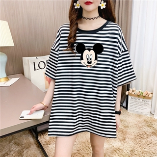 【40-150kg】Womens Plus Size Cute Mickey Printed Stripes T-shirt Oversized Korean Style Big Size Striped Tee Round Neck Short Sleeves Summer Maternity Pregnancy Casual Cute Cartoon Patterned Loose Fit Tops For Chubby Ladies