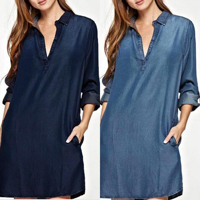 Women's Denim Blue Cotton Asymmetrical Mini Dress S-5XL