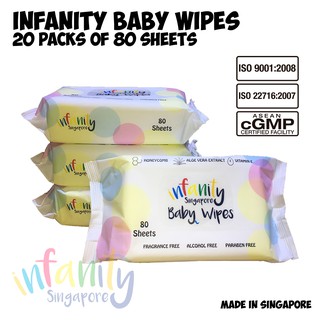 Infanity Thick Baby Wipes 20 Packs x 80Sheet / 99.9% Pure Water/ Made in SG
