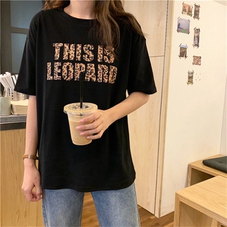 【40-150kg】Womens Plus Size Leopard Letter Printed T-shirt Oversized Korean Style Big Size Tee Round Neck Short Sleeves Summer Maternity Pregnancy Casual Cute Cartoon Patterned Loose Fit Tops For Chubby Ladies