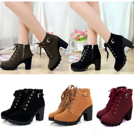 Size 35-41 Lady Mid High Heel Block boots tie boots Martin boots woman boots