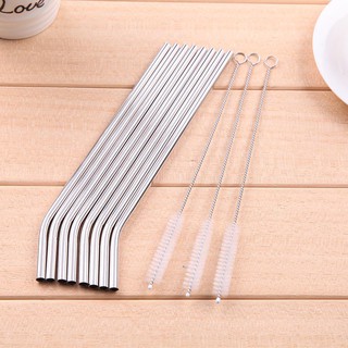 New 8Pcs Stainless Steel Metal Drinking Straws with 3 Cleaner Brush Kit