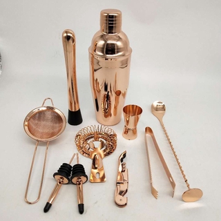 YG01-11 Pieces Set Rose Gold Cocktail Shaker Wooden Frame Shiny Stainless Steel Measuring Cup Bar Spoon Cocktail Filter Ice Tongs Return and exchange