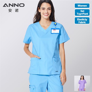 ANNO Elasticity Medical Scrubs Set Body Nurse Uniform for Female Clinical Clothing Shirt Pant Beauty Salon Wok Wear Nursing Gown