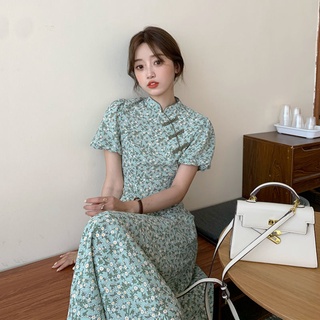 【IF LIN】cheongsam improved waist slimming stand-up collar floral short-sleeved dress// Cheong pao slit mandarin collar
