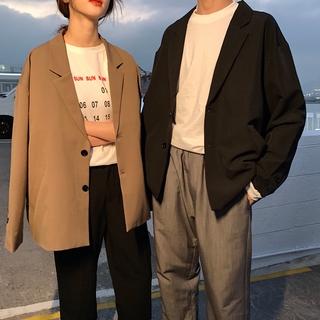 Korean Fashion Blazer Unisex Top Men Women Solid Color Retro Casual Vintage Loose Suits Couple Suits Chic 6604#