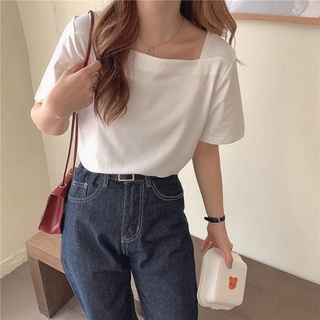 Summer Basic Style Half-Sleeved T-Shirt Square Neck Exposed Collarbone Solid Color Simple Top Student All-Match Bottoming Shirt G (1)