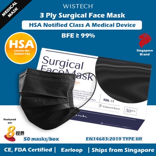 Wistech 3 Ply Medical Grade Black Surgical Mask 50 PCs, BFE 99%, CE FDA Approved