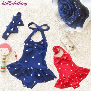 2Pcs Summer Baby Girls Bikini Swimsuit Wave Point Sling Swimming Suit + Headband