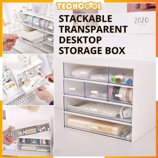 [SG Ready Stock] Stackable Transparent Desktop Storage Box Table Organization Free Combo Cosmetic Drawers Storage Box