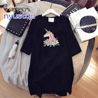 Women's Slim Fashion Summer Fantasy Unicorn Cartoon Printed Casual loose T-shirt Dress Plus Size-nyu