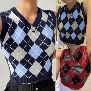 Plaid Knitted y2k Crop Sweater Vest Sleeveless Preppy Style Stretchy 90s Aesthetic Sweaters Clothes