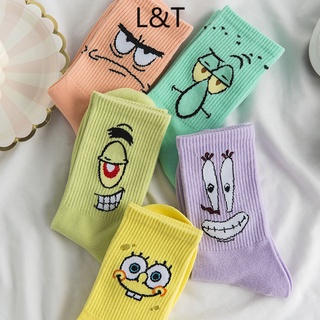【L&T】Socks Female Long Tube Tide Socks Irving Pineapple House SpongeBob Octopus Brother Korean Cute Cartoon