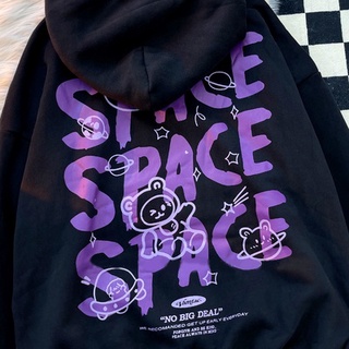 【Ready Stock】Outer Space Bear Graffiti Autumn Winter Women Fashion Letter Long Sleeve Loose Korean Style Casual Coat Hooded Jacket Hoodie