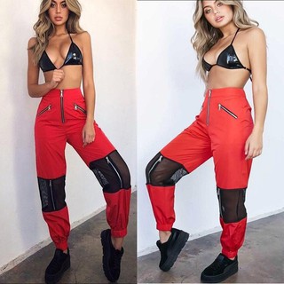 New Fashion Black&Red Woman's Sports Trousers Hip Hop Mesh Zip Splicing Pants