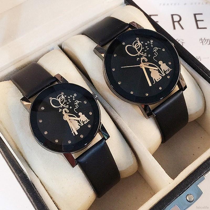 Sleek Minimalist Black Dial with Diamonds Romantic Back Couple Watches