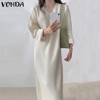 VONDA Women Spring Autumn Korean Long Sleeve V Neck Pullover Corduroy Loose Knitted Long Dress