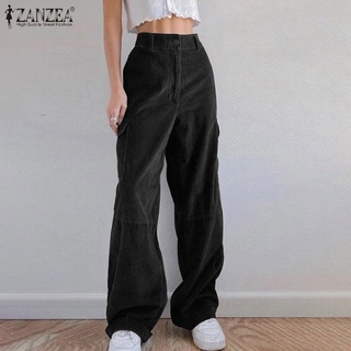 ZANZEA Women Corduroy High Elastic Waist Wide-Leg Solid Long Pants (1)