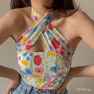 fashion women halter hollow floral print sleeveless backless sexy tank top