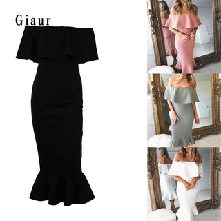 GA_Fashion Ruffled Sleeve Off Shoulder Bodycon Fishtail Slim Fit Women Dress