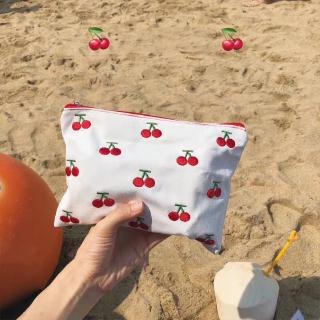 Fun Research Institute ins Korean Style Cherry Embroidery Canvas Storage Bag Zipper Large Capacity Fruit Cosmetic Girl Heart Multifunctional Clutch Coin