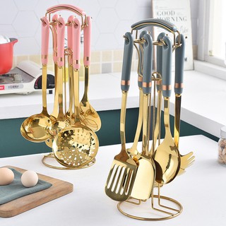 Hot sale ceramic handle Colorful old stainless steel kitchen utensils set 7 pieces spatula frying shovel soup spoon sieve surface rice spoon tableware holder
