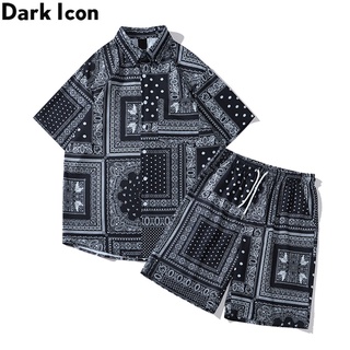 Dark Icon Bandanna Printed Hawaii Shirt Casual Beach Suit Men Fashion Short Sleeve Top +Cool Shorts