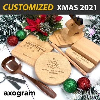 Personalised Xmas Coaster Keychain Pencil Phone Stand | Christmas Thanksgiving Customised Name Wood Engraving Gift Idea