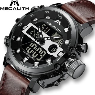 Megalith Luxury Mens Watch Men Nylon Genuine Leather Watches Business LED Dual Time Waterproof Wristwatch Gents Clock