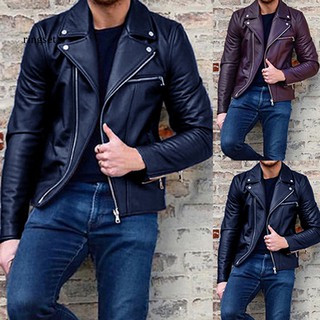 RNSE Autumn Winter Men Faux Leather Long Sleeve Lapel Motorcycle Jacket Zipper Coat