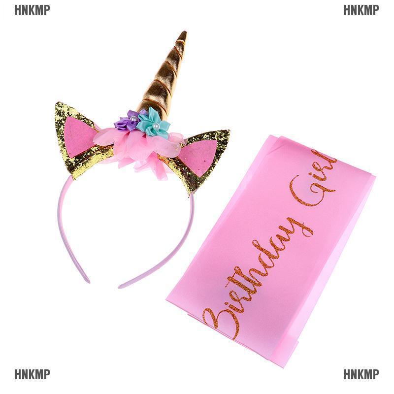 *♠ Unicorn Birthday Girl Set of Gold Glitter Unicorn Headband and Pink Satin Sash