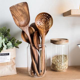 Teak tableware spoon colander long handle spoon wooden non-stick special spatula kitchen tool set (1)