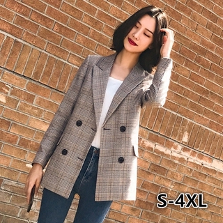 Ready Stock Plus Size S-4XL Women Long Blazer Casual Fashion Spring Autumn Slim Office Formal Suit Jacket Work Plaid