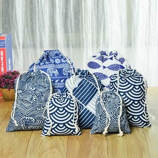 5PCS cute printing cotton drawstring pouch small blue and white cloth bags pouch bag gift bags