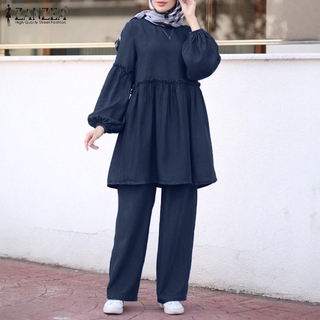 ZANZEA Women's Elastic Waist Long Sleeve Casual Denim Blue Muslim Suits