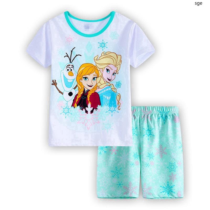 Cartoon Frozen Print Baby Girls Clothes Sets Short Sleeve Pyjamas Sleepwear E