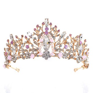 Pink Crystal Tiara Gold Wedding Crown Baroque Rhinestone Headpiece Bride crown