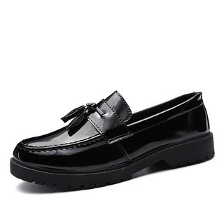 Korean Tassels Style Smooth PU Leather Men Flat Black Formal Leather Shoes