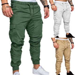 DMGK_Plus Size Men Solid Color Multi Pocket Drawstring Ankle Tie Cargo Pants Trousers