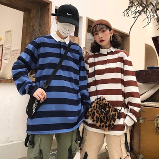 Korean Striped Polo Shirt Men Women Oversize Lapel Sweatshirt Casual Loose Long Sleeve Cotton Shirt Girl Boy Clothes