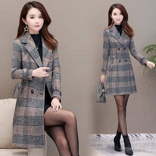 2022New Fall Winter Coat Korean Style Loose Large Size Woolen Coat Mid-Length Trench Coat Plaid Woolen Coat for Women