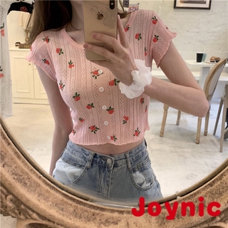 【2% off two pieces】♥joynic♥【S-XL】 Thin Hollow Flower Knitted Sweater Women's Summer Navel Short-Sleeved Slim Short Bottoming New Tight-Fitting Inner Top Slim Slimming Knitted Vest