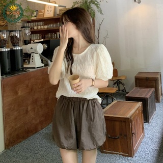 Korean Pleated Muscle Sexy Round Neck Bubble Sleeve Top + High Waist Leisure Loose Shorts